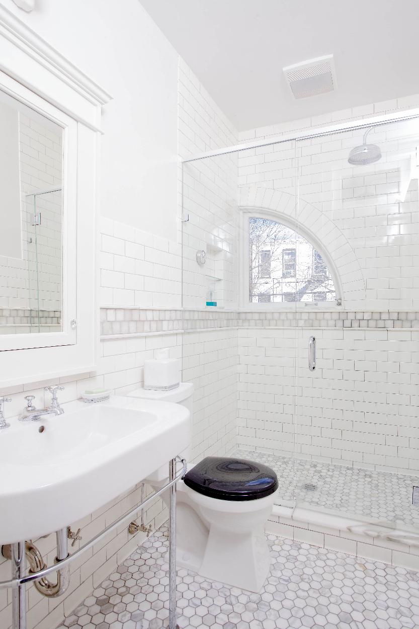 Master Bath: Marble mosaic heated floor, 1/4-round custom window, rain-head shwr, Kallista fixtures